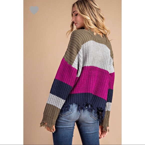 Kara Distressed Chunky Knit Sweater - Magenta - Picture 4 of 5